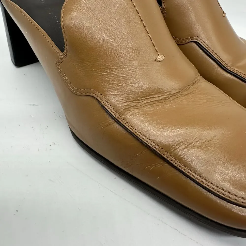Apostrophe Cognac Block Heel Leather Square Toe Mule Womens Size 7 Y2K Vintage